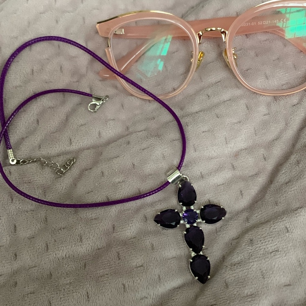 AMETHYST & 925 STERLING SILVER HANDMADE CROSS PENDANT ON A SILK PURPLE NECKLACE
